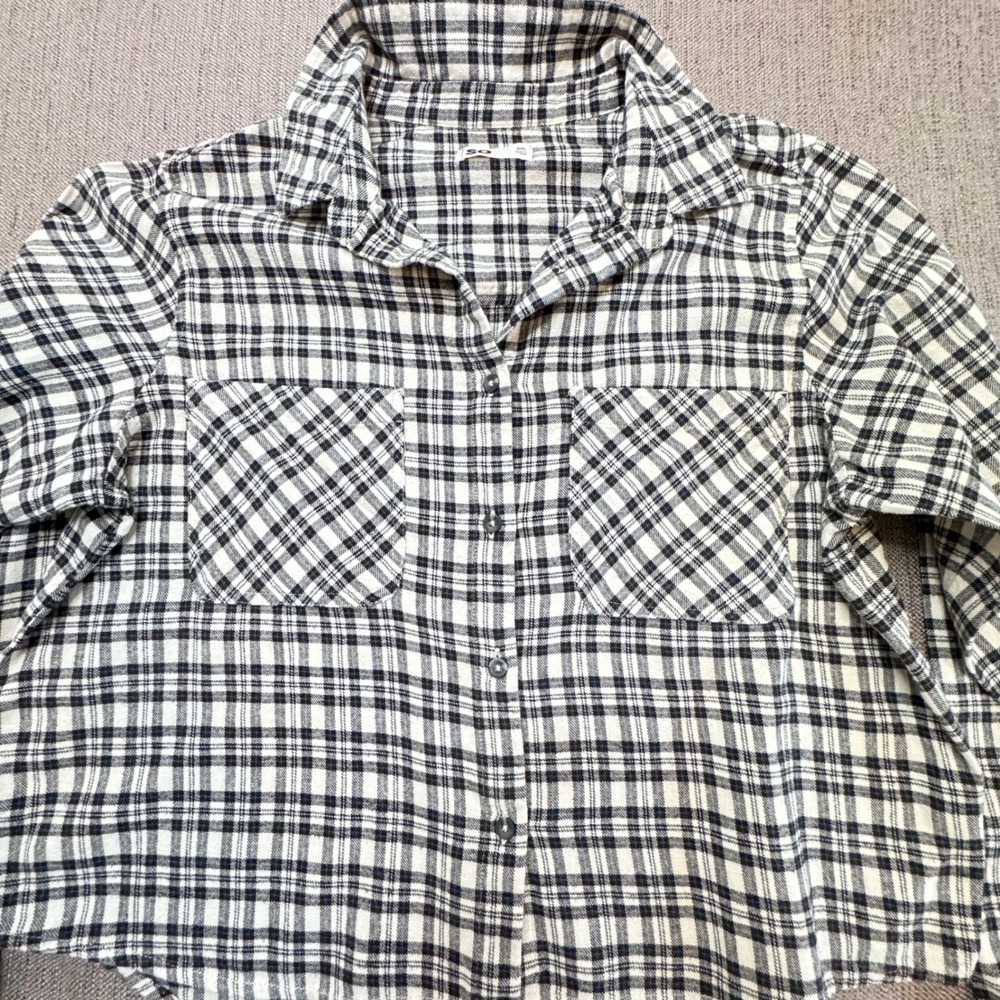 SO Womens XXL Black White Plaid Flannel Button Down Shirt 100% Cotton LS